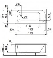 Laufen SOLUTIONS vana 1700x750x620 mm, konstrukce, bílá   H2235010000001